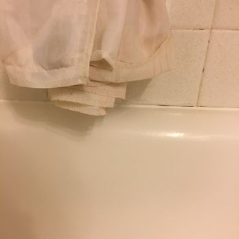 Mildew In Grout And Pink Mildew At The Bottom Of Shower Curtain