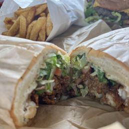 Shrimp & Catfish Po'Boy, Fries, Burger