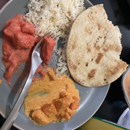 Tikka masala (left) Butter Chicken (bottom) Rice  Flatbread