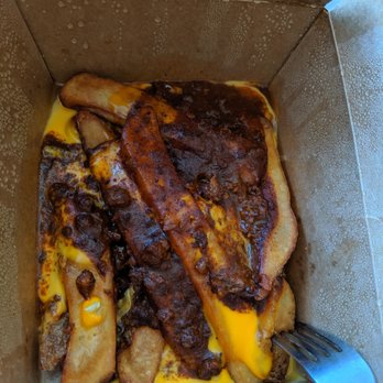 Burger District  - Soggy steak cut fries swimming in chili cheese sauce - Burgers Near Me - Arlington, Virginia