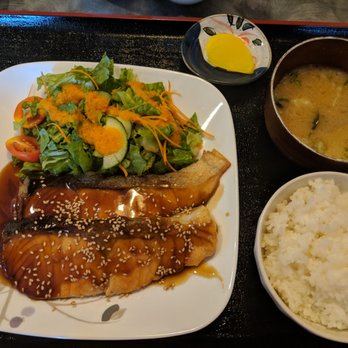 Kizuna - Salmon teriyaki entree with salad, miso soup, and rice. And I think radishes? - Japanese Curry Near Me - San Jose, California Kizuna - Salmon teriyaki entree with salad, miso soup, and rice. And I think radishes? - Japanese Curry Near Me - San Jose, California