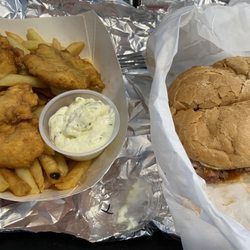 Beef & Sea - Haddock & Fries w/ tartar sauce and the Roast Beef Super with cheese & barbecue sauce.