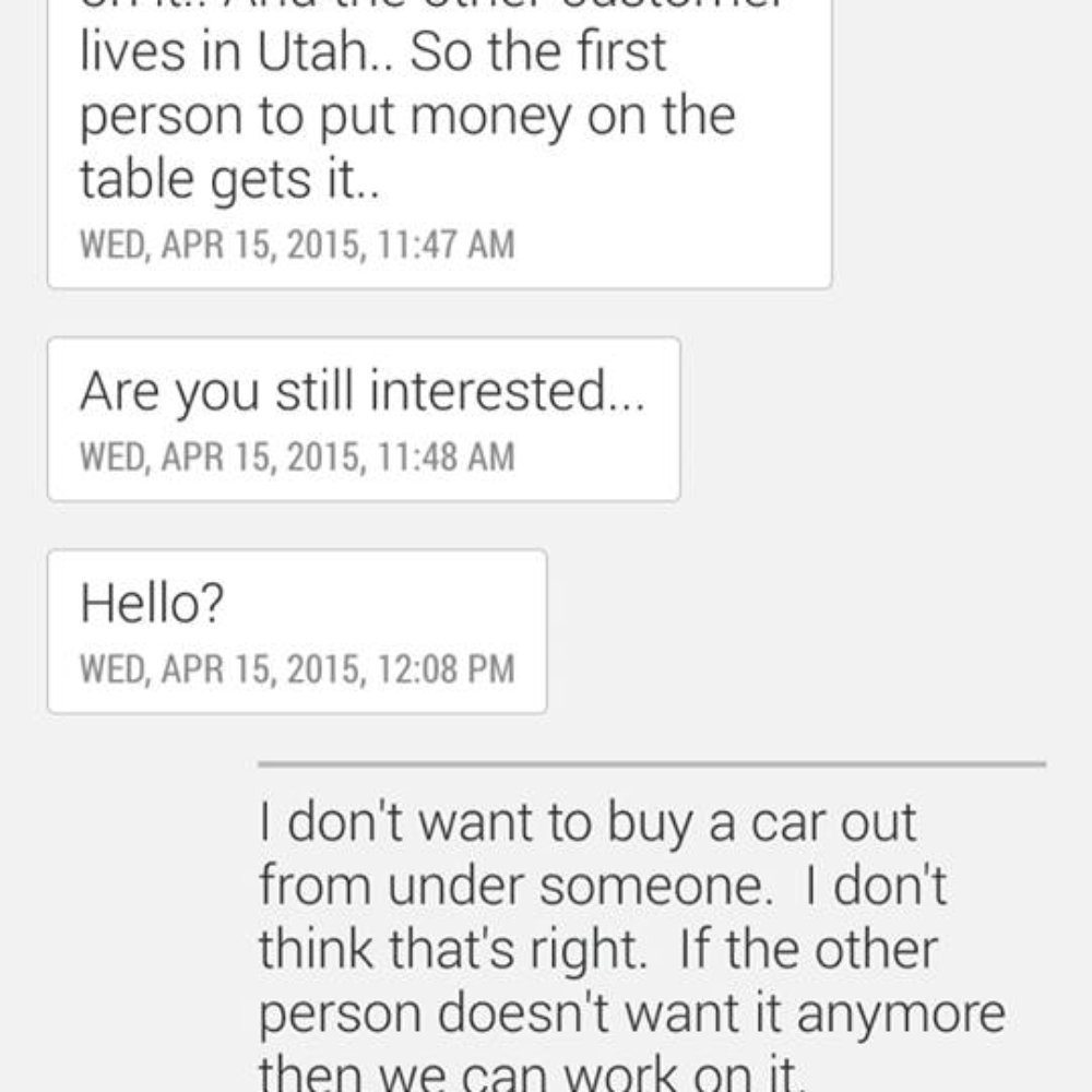 Screencap of Shelley offering to sell me a car out from under someone in Utah Screencap of Shelley offering to sell me a car out from under someone in Utah