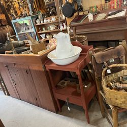 Poor Farm Antiques - Wash stand. With a great iron stone pitcher and basin, early dry sink, station desk in red