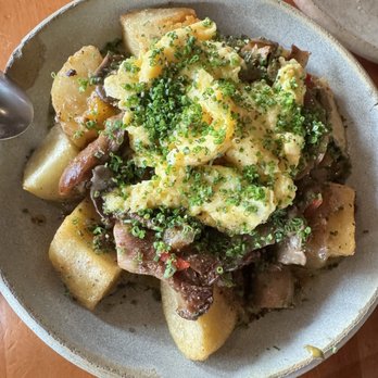 Squable - Oyster mushroom hash, scrambled instead of poached eggs - Modern European Near Me - Houston, Texas