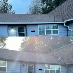 LeafDrop Gutters and Downspouts - Choke point by the satellite dish on the right. New white 6K gutters vs old rusted gutters.