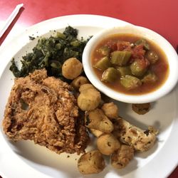 The Garden Patch - Fried chicken, turnip greens, veggie stew and fried okra. Mmmm