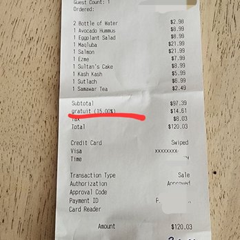 Sultan - Be careful on your bill. I feel a bit cheated. I added 25%tip on an amount that already included 15% gratuity. I didn't even see it - Mediterranean Near Me - McKinney, Texas Sultan - Be careful on your bill. I feel a bit cheated. I added 25%tip on an amount that already included 15% gratuity. I didn't even see it - Mediterranean Near Me - McKinney, Texas