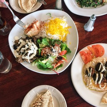 Pom & Olive - The Lamb Kebob plate, tabouleh, and felafel with hummus - Mediterranean Near Me - Costa Mesa, California