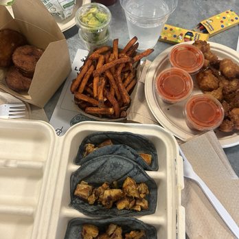 Green Tomato Grill - These fried green pickled tomatoes need their own 10/10 review  I also got sweet potato fries, cauliflower bites and chicken tacos! - New American Near Me - Orange, California