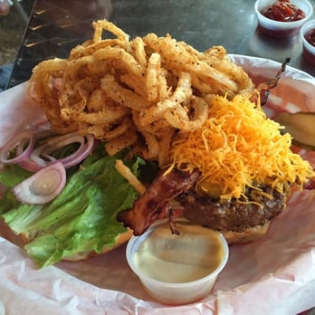 Hondo's - Donut bacon cheeseburger with onion strings. - Bars Near Me - Fredericksburg, Texas Hondo's - Donut bacon cheeseburger with onion strings. - Bars Near Me - Fredericksburg, Texas