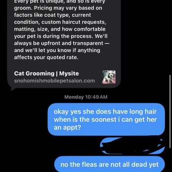 Snohomish Mobile Pet Salon - text conversation with owner - Pet Groomers Near Me Snohomish Mobile Pet Salon - text conversation with owner - Pet Groomers Near Me