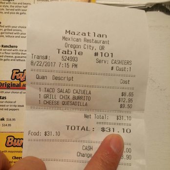 Mixtlan Grill Mexican Restaurant - What I was charged - Mexican Near Me - Oregon City, Oregon
