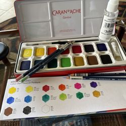 Akamai Art Supply, Inc - Derwent watercolor pencils in Rose Pink, Water Green, Blue Violet Lake, and Cobalt Blue. Gouache Studio 15 by Caran D'Ache