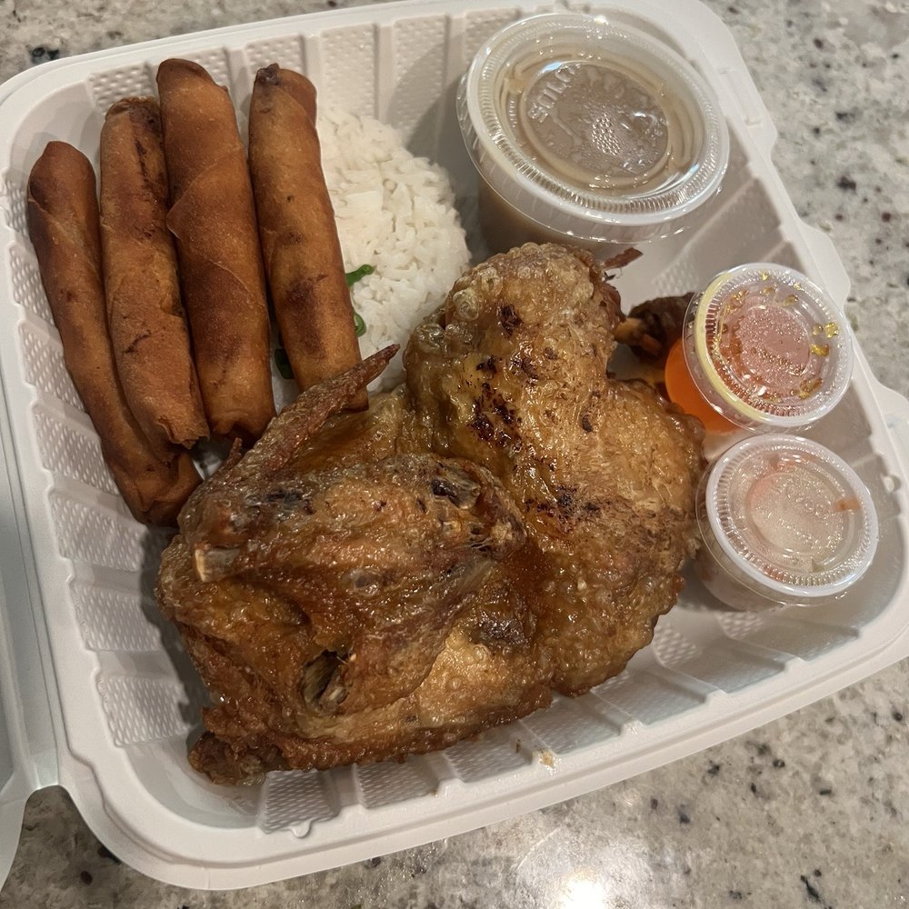 Savory Fried Chicken - Half fried chicken with pork lumpia over white rice - Filipino Near Me - Elk Grove, California Savory Fried Chicken - Half fried chicken with pork lumpia over white rice - Filipino Near Me - Elk Grove, California