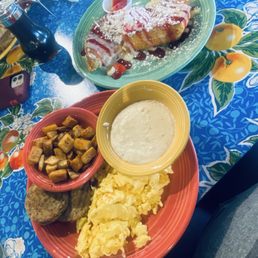 Stuffed French Toast Breakfast with Creamy Dreamy White Cheddar Cheese Grits (SM) and moon dusted "Moon-Dusted" Potatoes Stuffed French Toast Breakfast with Creamy Dreamy White Cheddar Cheese Grits (SM) and moon dusted "Moon-Dusted" Potatoes