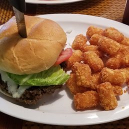 a hamburger and tater tots on a plate a hamburger and tater tots on a plate