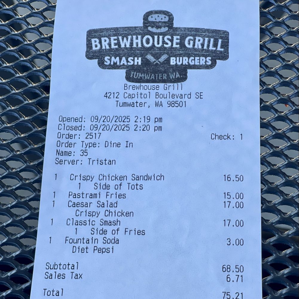 Brewhouse Grill - Receipt - American Near Me - Tumwater, Washington