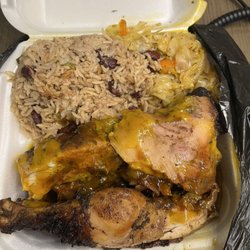 Kingston Jamaica Foods - Jerk Chicken, rice & peas, cabbage $15