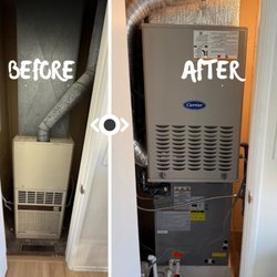 Prime Air Solutions - An old furnace has been replaced with a Carrier furnace, and an outdoor heat pump unit has been added.