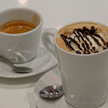 Fellini Caffè - Double Espresso on the left, Mocha on the right. - Italian Near Me - Houston, Texas Fellini Caffè - Double Espresso on the left, Mocha on the right. - Italian Near Me - Houston, Texas