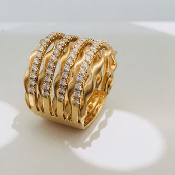 Mouradian Jewelry - 18karat yellow Gold right hand Ring with brushed twist and four rows of diamonds. - Jewelry Near Me - Boston, Massachusetts Mouradian Jewelry - 18karat yellow Gold right hand Ring with brushed twist and four rows of diamonds. - Jewelry Near Me - Boston, Massachusetts