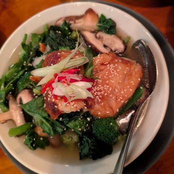 Burmatown - Black cod miso glaze over a broth with bok choy mushrooms and pea tendrils - Burmese Near Me - Corte Madera, California Burmatown - Black cod miso glaze over a broth with bok choy mushrooms and pea tendrils - Burmese Near Me - Corte Madera, California