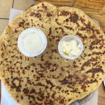 Saattvik Indian Dhaba - Cheese Chilli parantha w Butter and Dahi - Vegetarian Near Me - Fremont, California Saattvik Indian Dhaba - Cheese Chilli parantha w Butter and Dahi - Vegetarian Near Me - Fremont, California