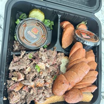 Rollin Smoke Barbeque Summerlin - Trio platter with brisket and two hot links - Barbeque Near Me - Las Vegas, Nevada