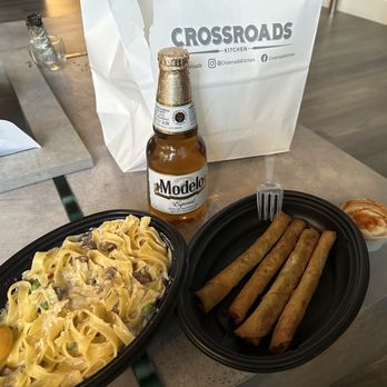 Crossroads Kitchen - Spaghetti Carbonara (gluten free option) and Impossible Cigars - Vegan Near Me - Los Angeles, California Crossroads Kitchen - Spaghetti Carbonara (gluten free option) and Impossible Cigars - Vegan Near Me - Los Angeles, California
