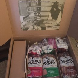 Monks' Gift Box - loaves and glass preserve jars (in small box on the left) packaged well
