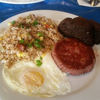 Moke's Bread & Breakfast - Corned beef hash with fried rice, over easy eggs, & rye toast - Breakfast & Brunch Near Me - Kailua, Hawaii
