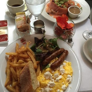 B Cafe - Scrambled eggs with goat cheese, lamb sausage and frites - Bars Near Me - New York, New York B Cafe - Scrambled eggs with goat cheese, lamb sausage and frites - Bars Near Me - New York, New York