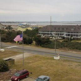 This is a picture of First Colony Inn from the hotel we ended up at. Note the crosswalk for their guests to cross the road to the beach.