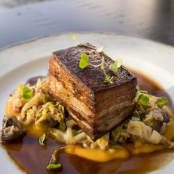 Penstock Lounge - GLAZED THATCHER FARMS PORK BELLY braised cabbage, roasted squash purée, wild mushrooms