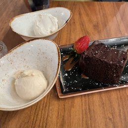Chocolate cake, vanilla bean and salted caramel gelato