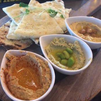 Amsterdam BrewHouse - Appetizer with 3 dips: baba ganoush,  edamame hummus and lemon hummus - Breweries Near Me - Toronto, Ontario