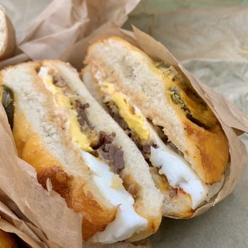 Noah's NY Bagels - Texas Briskets Egg Sandwich on Jalapeño Cheddar Bagel - Bagels Near Me - Burbank, California Noah's NY Bagels - Texas Briskets Egg Sandwich on Jalapeño Cheddar Bagel - Bagels Near Me - Burbank, California