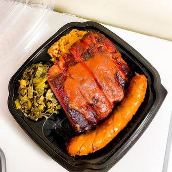 Blue Ribbon BBQ - Duo platter with ribs, hot links, collard greens, and dirty rice - Barbeque Near Me - Arlington, Massachusetts Blue Ribbon BBQ - Duo platter with ribs, hot links, collard greens, and dirty rice - Barbeque Near Me - Arlington, Massachusetts