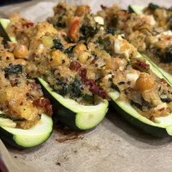 Chef Joanna’s Kitchen - Stuffed zucchini boats with quinoa-chickpea filling with hot peppers, sun dried tomatoes and fresh herbs