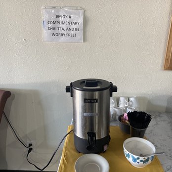 Chef India - Complimentary chai tea that is located against the wall - Indian Near Me - Lawton, Oklahoma