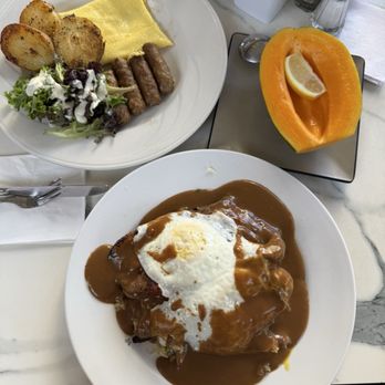 Liliha Bakery - Smoked pork belly Loco moco, two eggs plate, one half papaya - Bakeries Near Me - Honolulu, Hawaii Liliha Bakery - Smoked pork belly Loco moco, two eggs plate, one half papaya - Bakeries Near Me - Honolulu, Hawaii