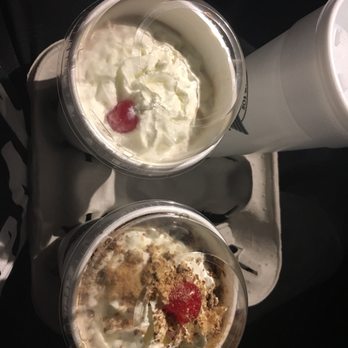 Steak ’n Shake - Chocolate banana milkshake on the left And kit kat milkshake with extra fudge on the right. - Burgers Near Me - Miami, Florida