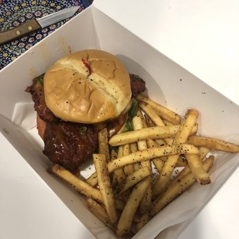 Sauced by Alfaro - Honey Sriracha Chicken Sandwich with Hand cut fries - Barbeque Near Me - Papillion, Nebraska Sauced by Alfaro - Honey Sriracha Chicken Sandwich with Hand cut fries - Barbeque Near Me - Papillion, Nebraska
