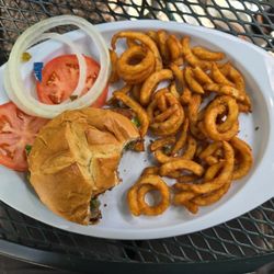 Pantry Restaurant - Ground beef burger and curly fries.