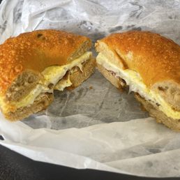 Bacon, egg, and cheese on a Jalapeño cheddar bagel. Bacon, egg, and cheese on a Jalapeño cheddar bagel.
