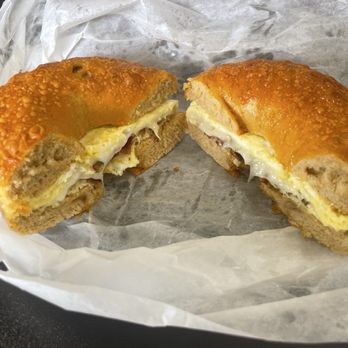 Fancy Bagels - Southington - Bacon, egg, and cheese on a Jalapeño cheddar bagel. - Burgers Near Me - Southington, Connecticut