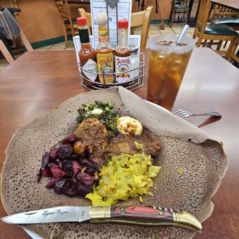Ranch Side Cafe - Dorowot: Long braised chicken stew; 3 veggies; Injera "flat bread" - American Near Me - Sylmar, California Ranch Side Cafe - Dorowot: Long braised chicken stew; 3 veggies; Injera "flat bread" - American Near Me - Sylmar, California