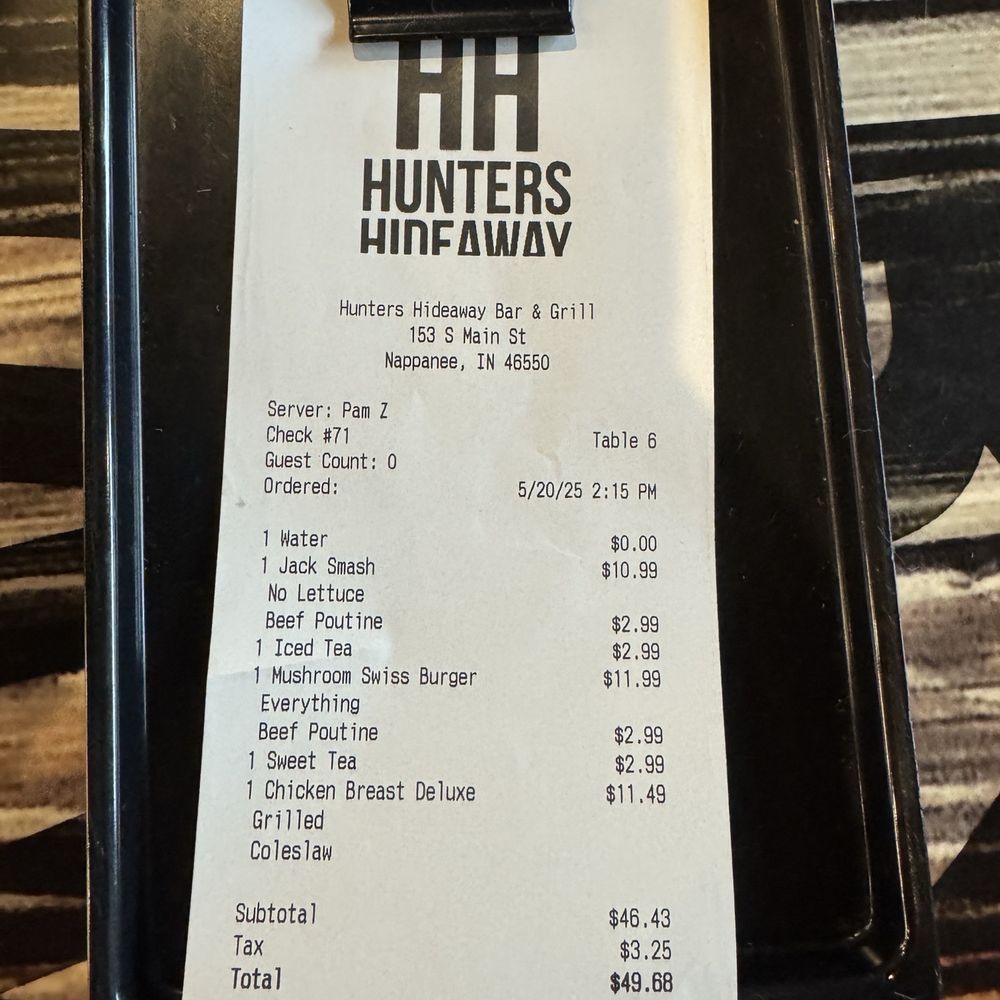 Hunters Hideaway Bar & Grill - Receipt - American Near Me - Nappanee, Indiana Hunters Hideaway Bar & Grill - Receipt - American Near Me - Nappanee, Indiana