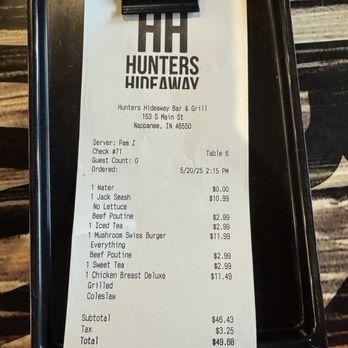 Hunters Hideaway Bar & Grill - Receipt - American Near Me - Nappanee, Indiana